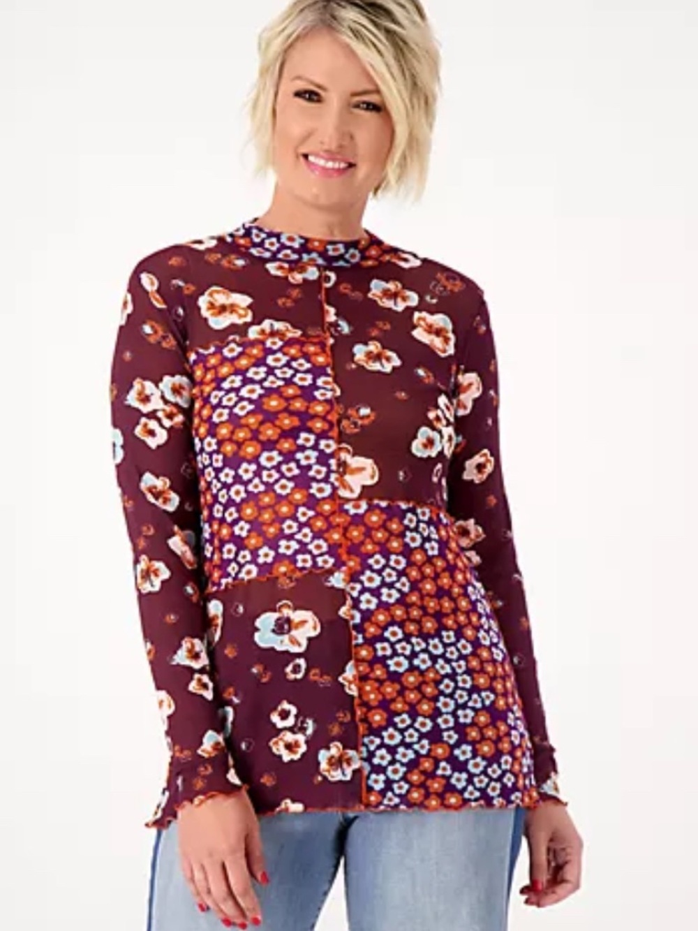 LOGO Layers By Lori Goldstein XL Purple Floral Patchwork Print Sheer Mesh Top - Picture 2 of 11